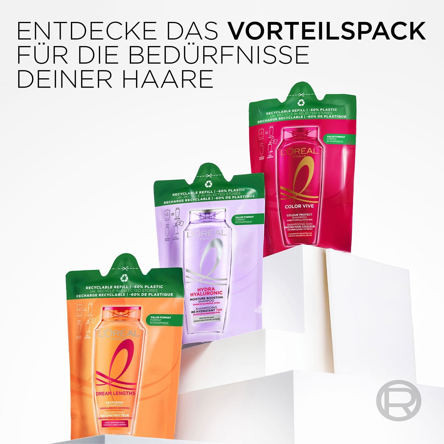 3 Elseve Shampoos im Nachfüllpack; darüber Text: Entdecke das Vorteilspack für die Bedürfnisse Deiner Haare